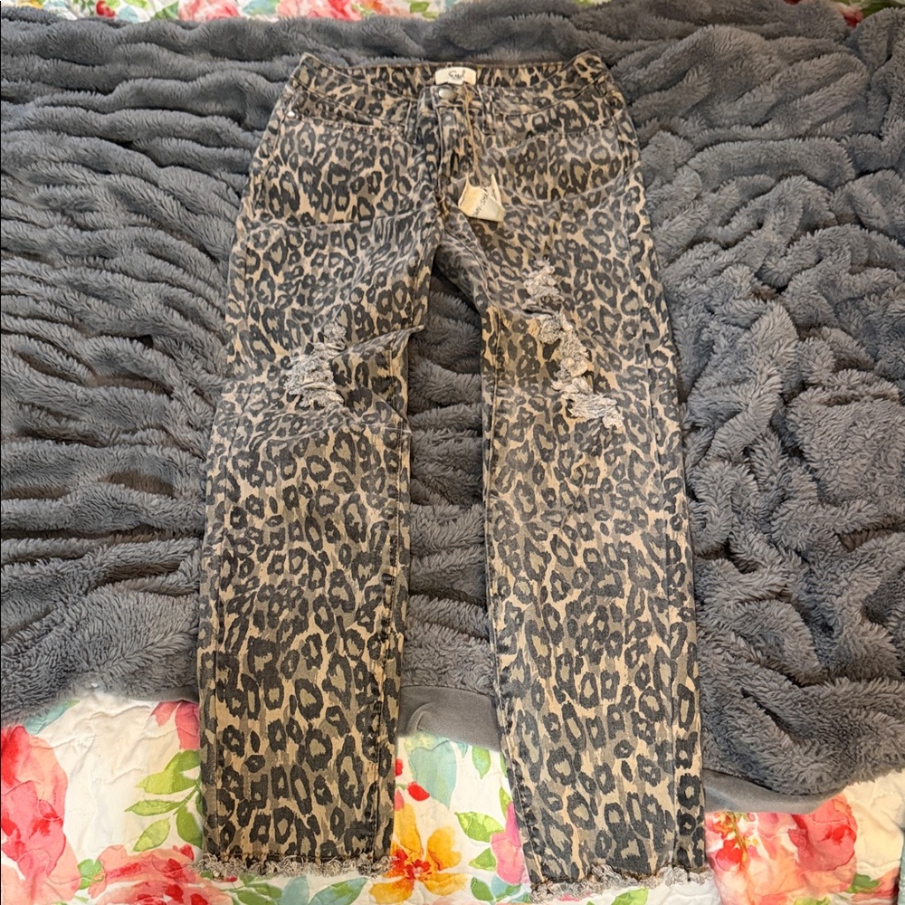 Easel Leopard Print Skinny Jeans - Black and Tan